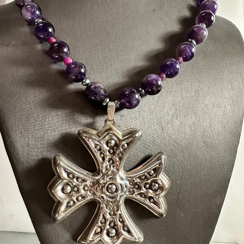 Maltese Cross Sterling Silver Genuine Ruby Tahitian Pearls Amethyst Necklace 925